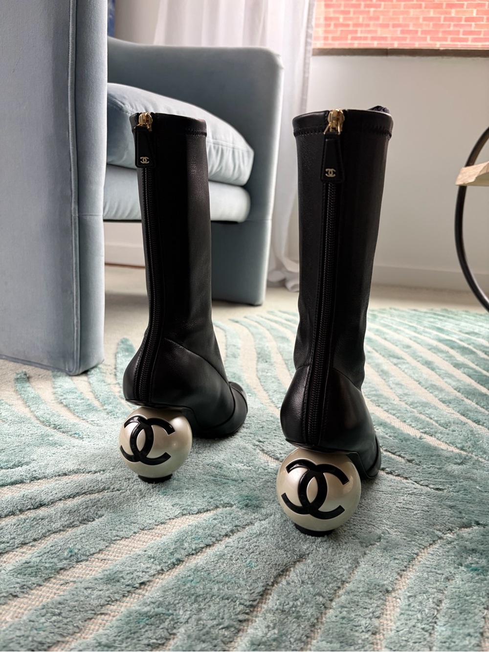 CHANEL 25K Pearl Ball Heel CC Logo Stretch Black Leather Mid Calf Boots 38.5 NIB